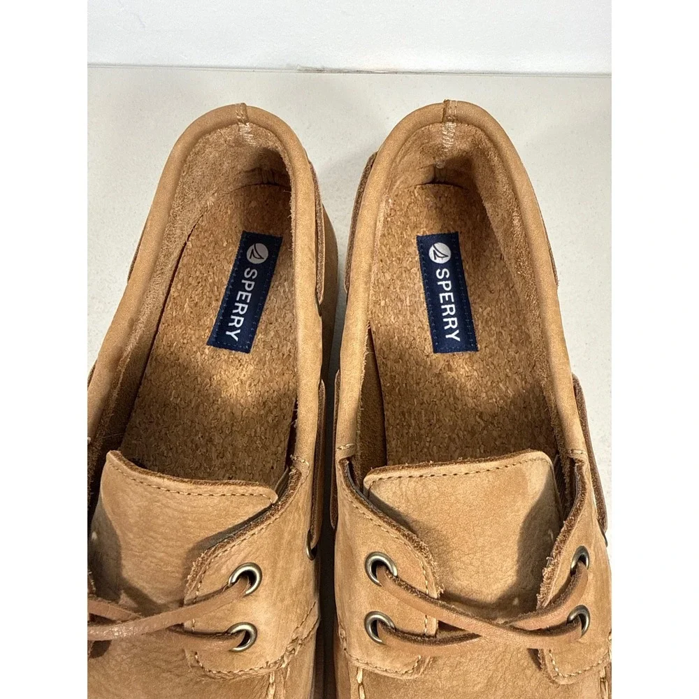 Sperry Top-Sider Mens Tan Leather Boat Shoes Moc Toe Loafers Cork Footbed. 10.5